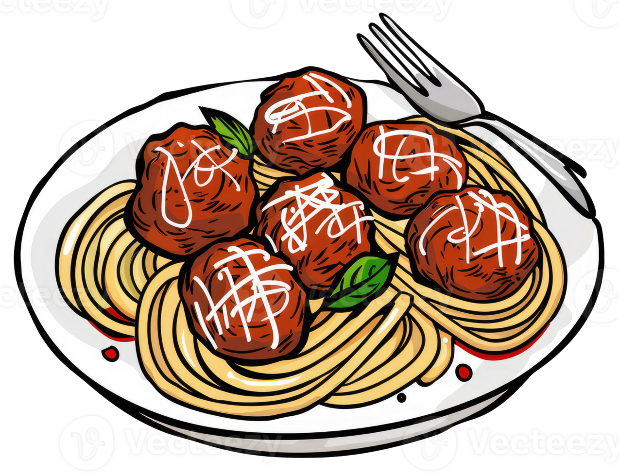 Plate of spaghetti with meatballs and a shiny metal fork present png