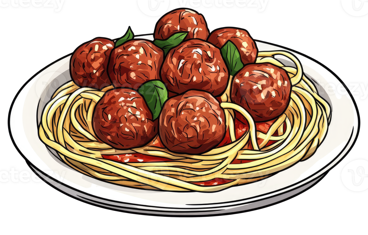 Plate of spaghetti and meatballs garnished with basil leaves png