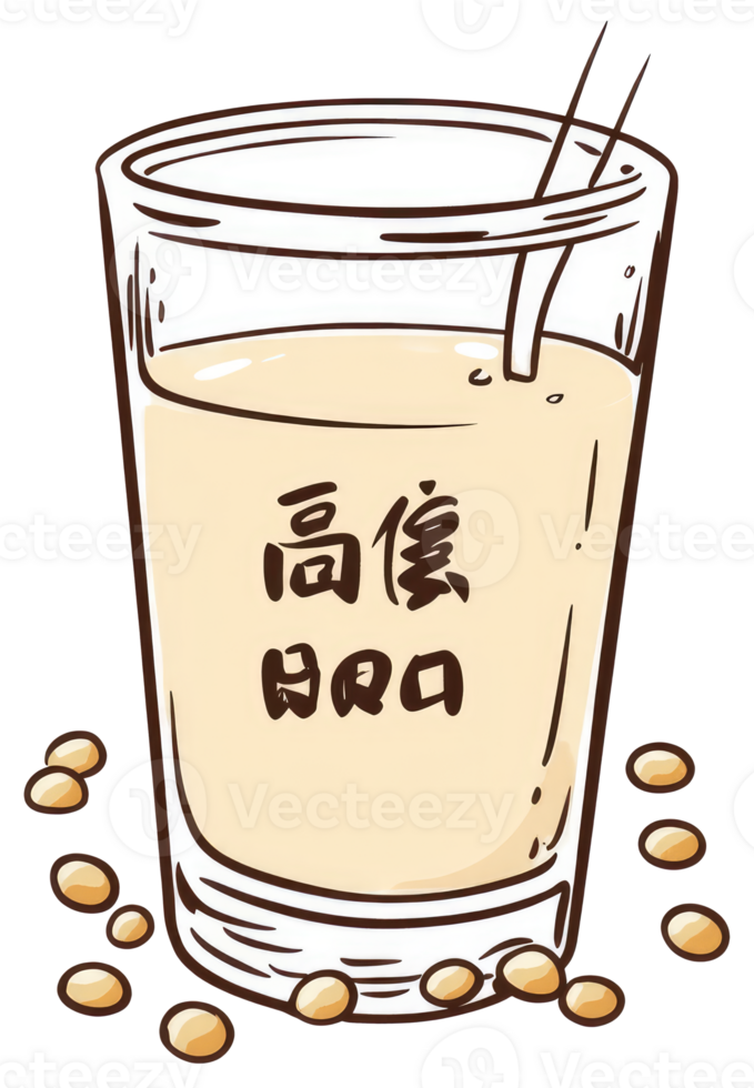 A cartoon image of a tall glass of soy milk with seeds png