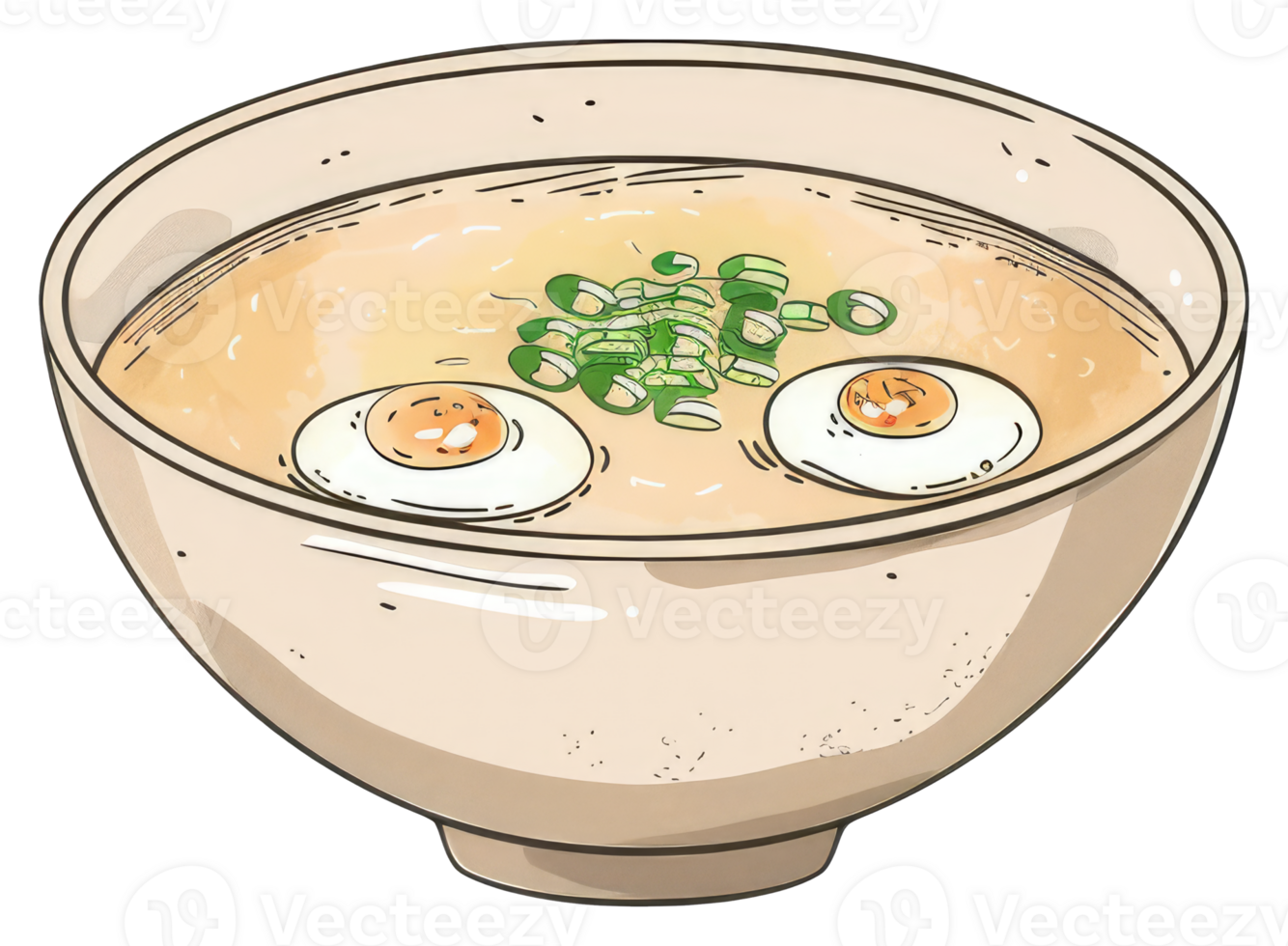 A bowl of soup containing eggs and green onions png