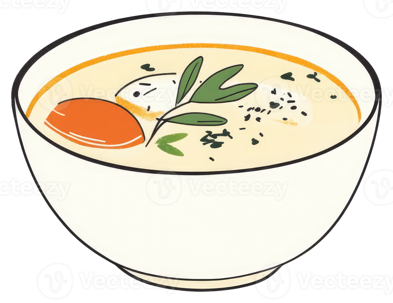 A bowl of creamy soup with vegetables and garnish png