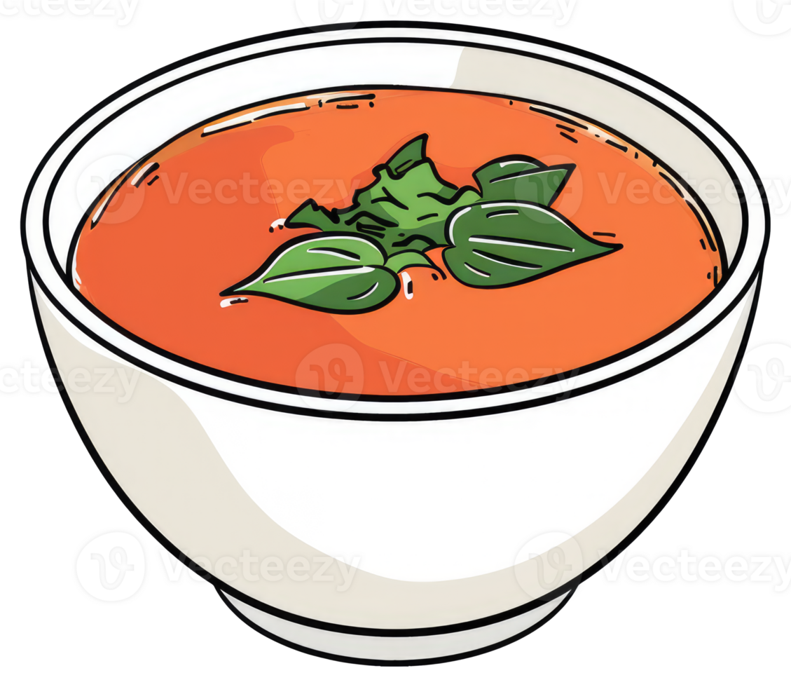 A white bowl filled with orange soup and green garnish png