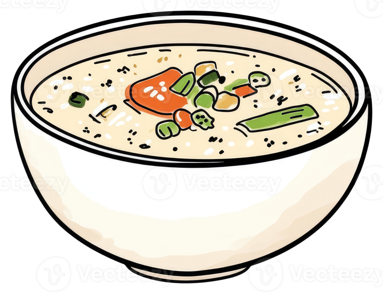 A creamy soup with vegetables sits in a white bowl png