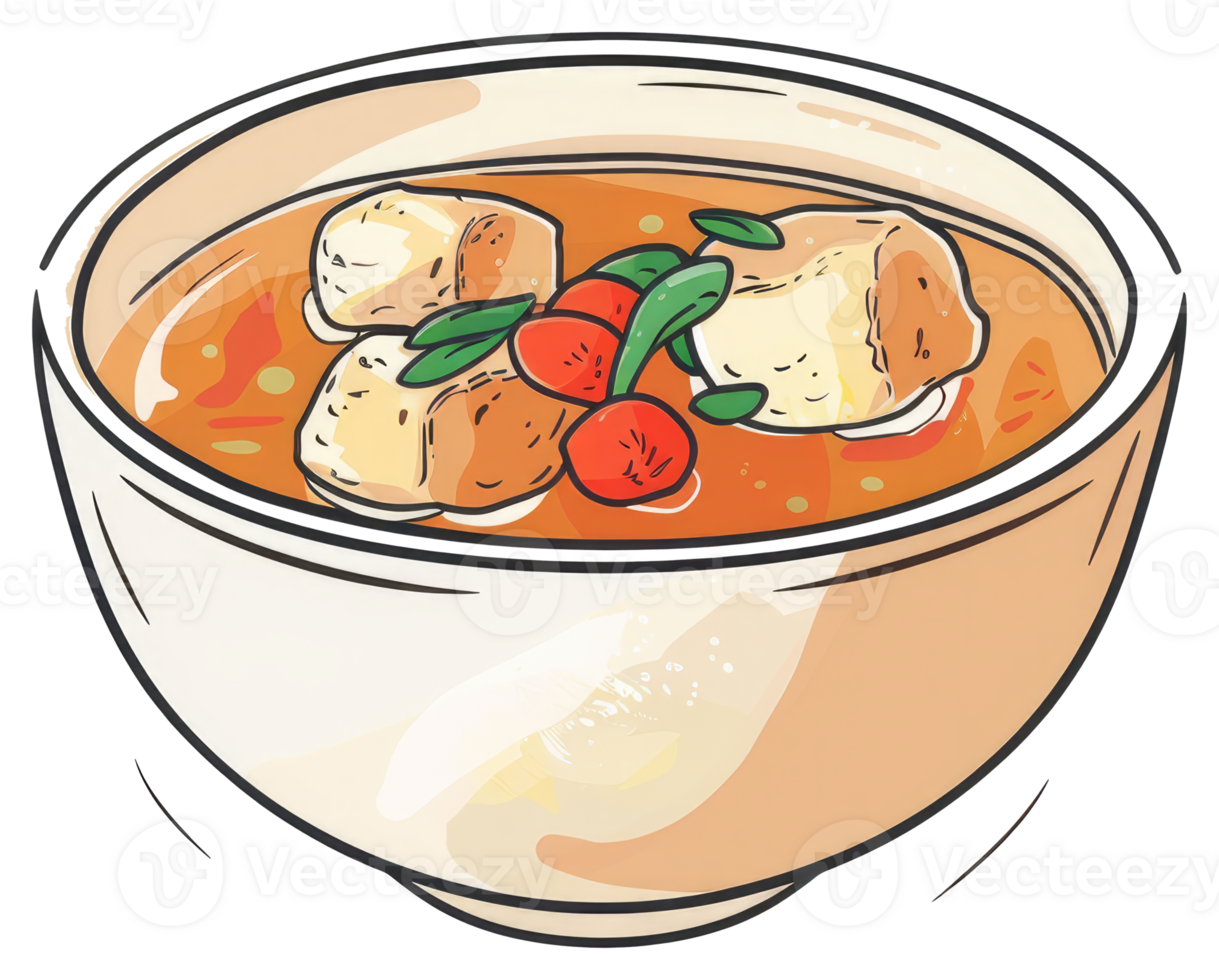 An illustrated bowl contains a flavorful and delicious looking soup png