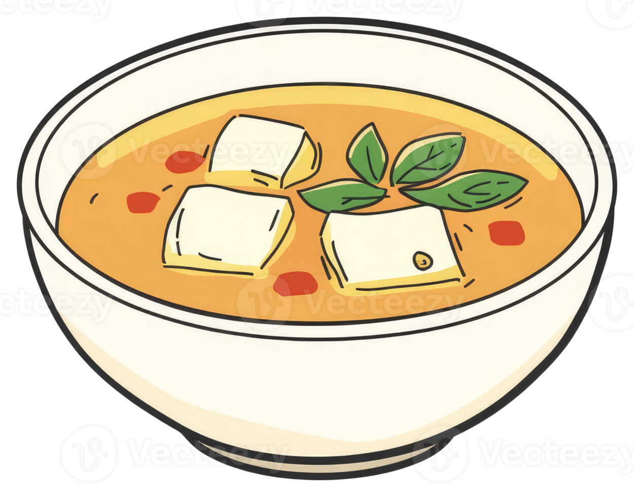 A bowl of soup containing tofu and fresh green herbs png
