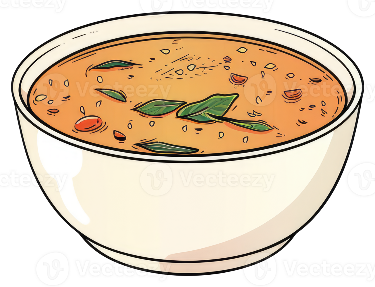 A bowl of soup with green leaves and tomatoes png