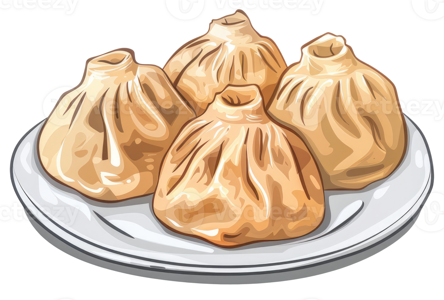 Four cooked dumplings are served on a white ceramic plate png