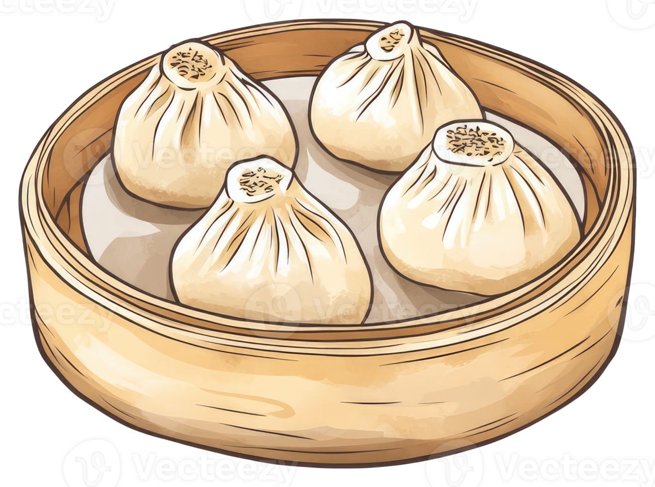 Four steamed dumpling buns inside a traditional wooden bamboo steamer png