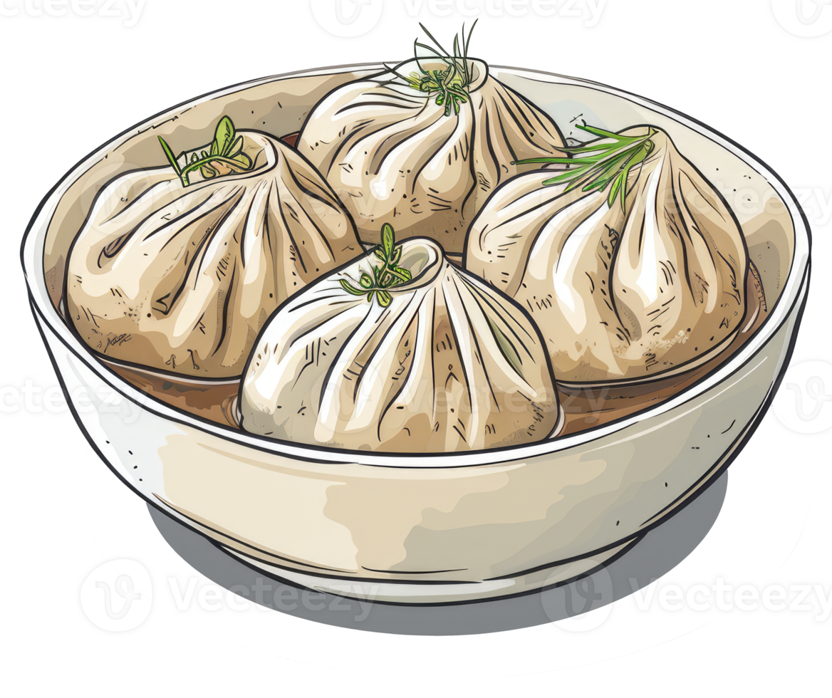 Delicious dumplings are served in a cream colored bowl png