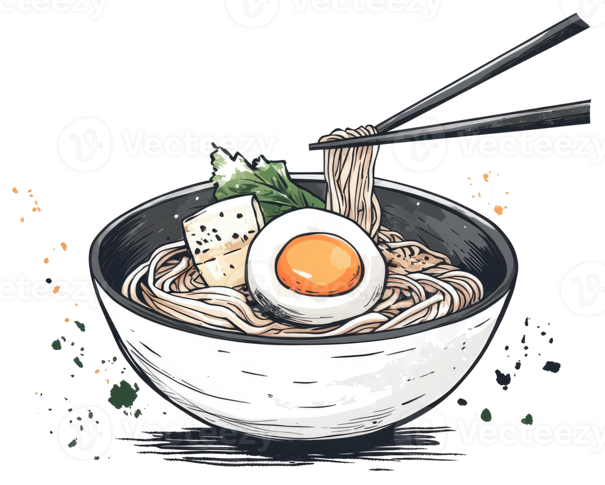 A bowl of ramen with chopsticks picking up noodles png