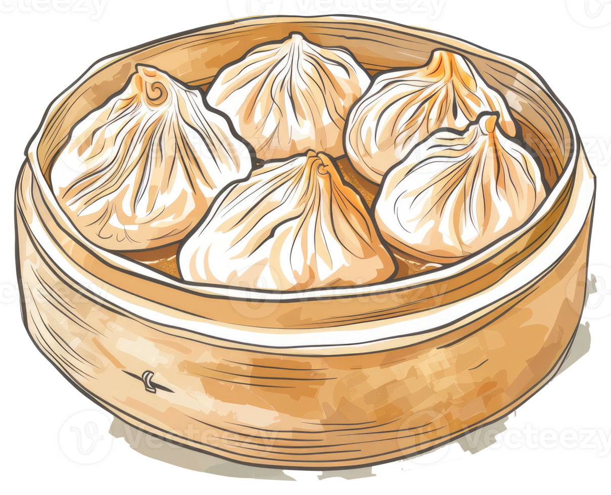 Deliciously Steamed Dumplings Presented in a Traditional Bamboo Steaming Basket png