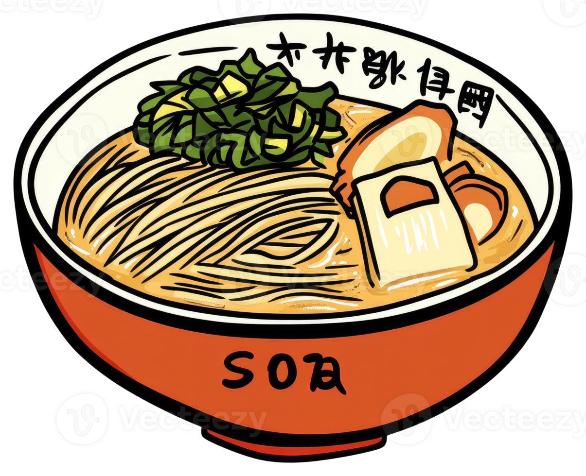 A delicious illustrated bowl of ramen noodles with various toppings png
