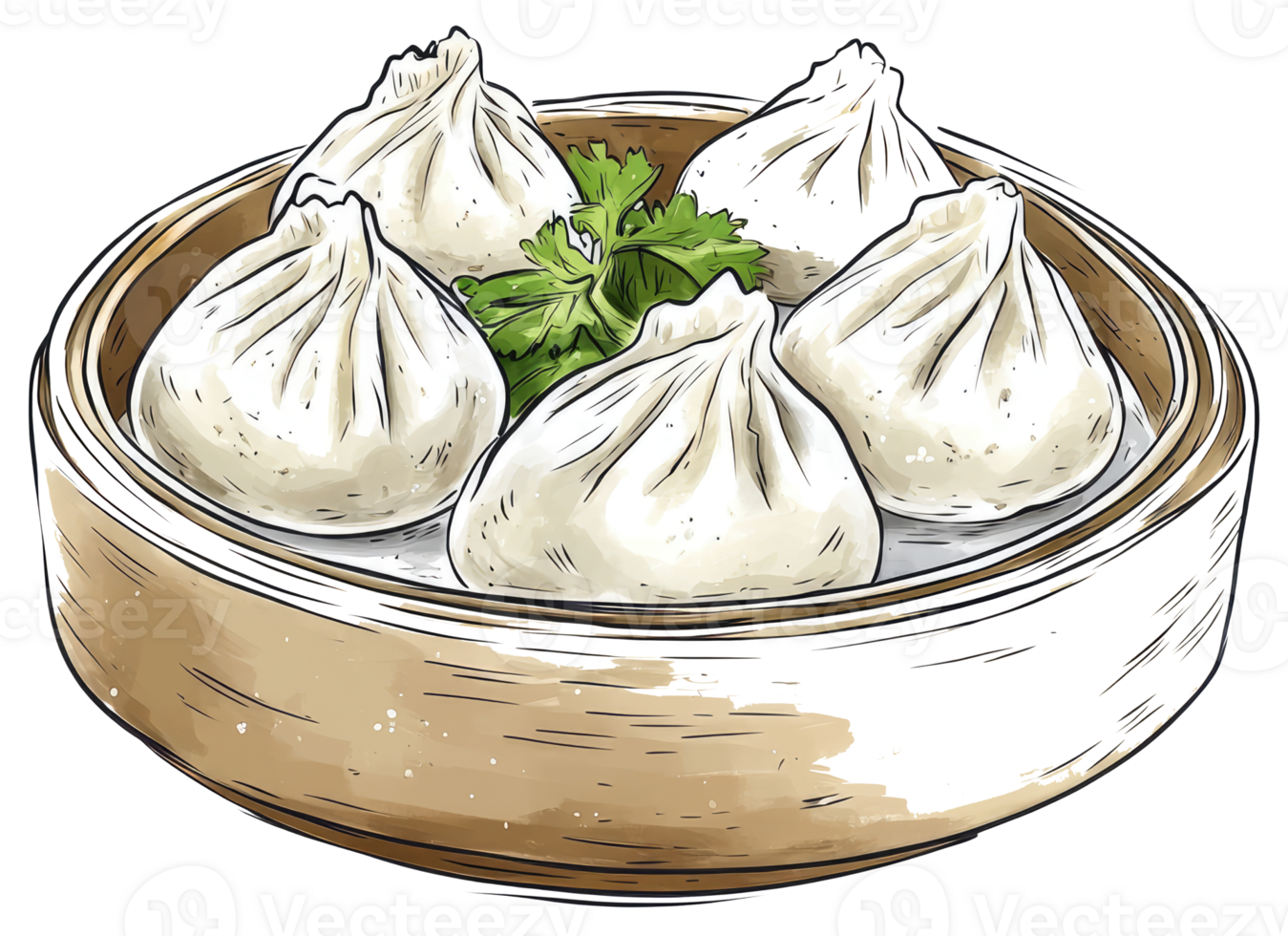 Several dumplings sit in a bamboo steamer with fresh herbs png