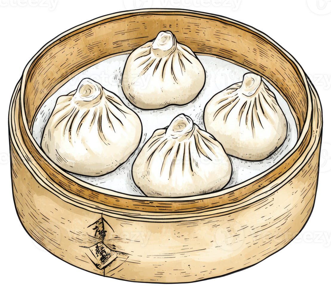 Four delicious steamed dumplings inside a round bamboo steamer basket png
