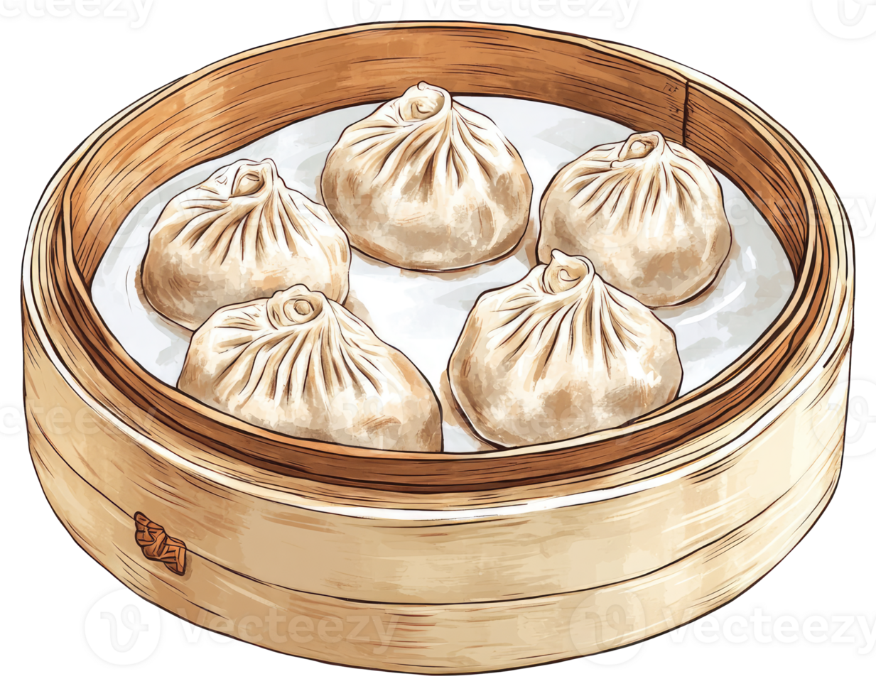 Steamed dumplings resting on a bamboo basket with white liner png