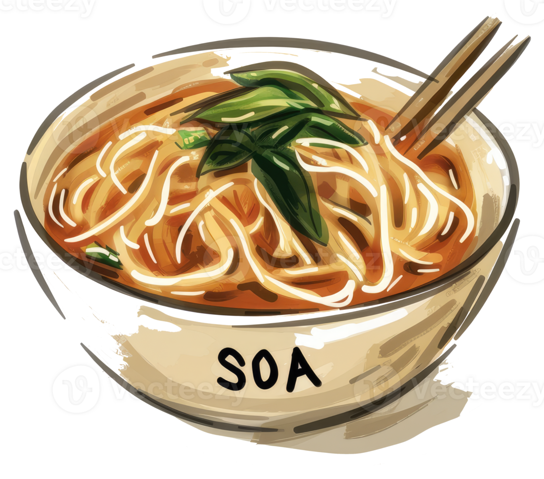 A Bowl Filled With Noodles Greenery And Chopsticks png