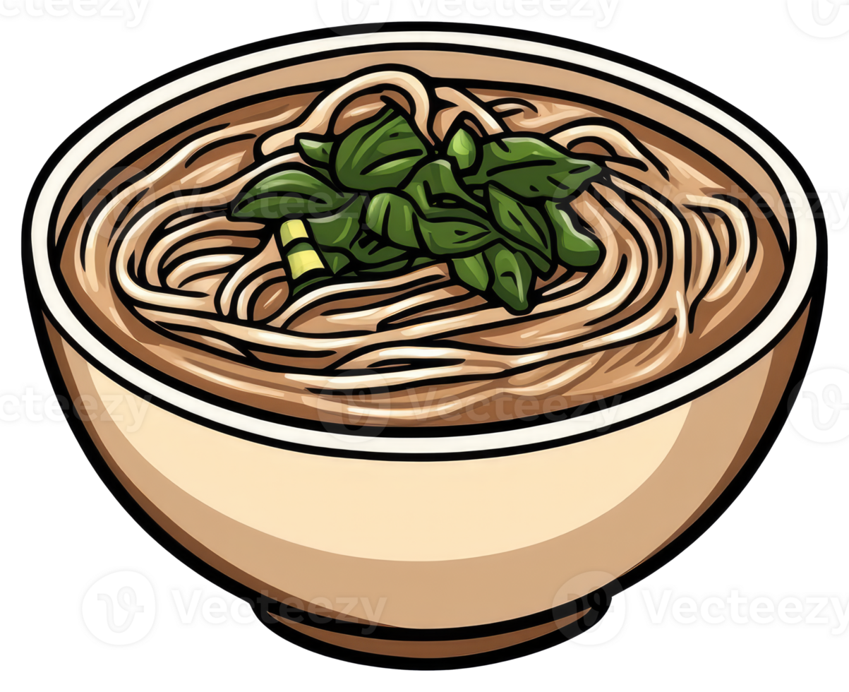 A delicious bowl of noodles with some fresh green vegetables png