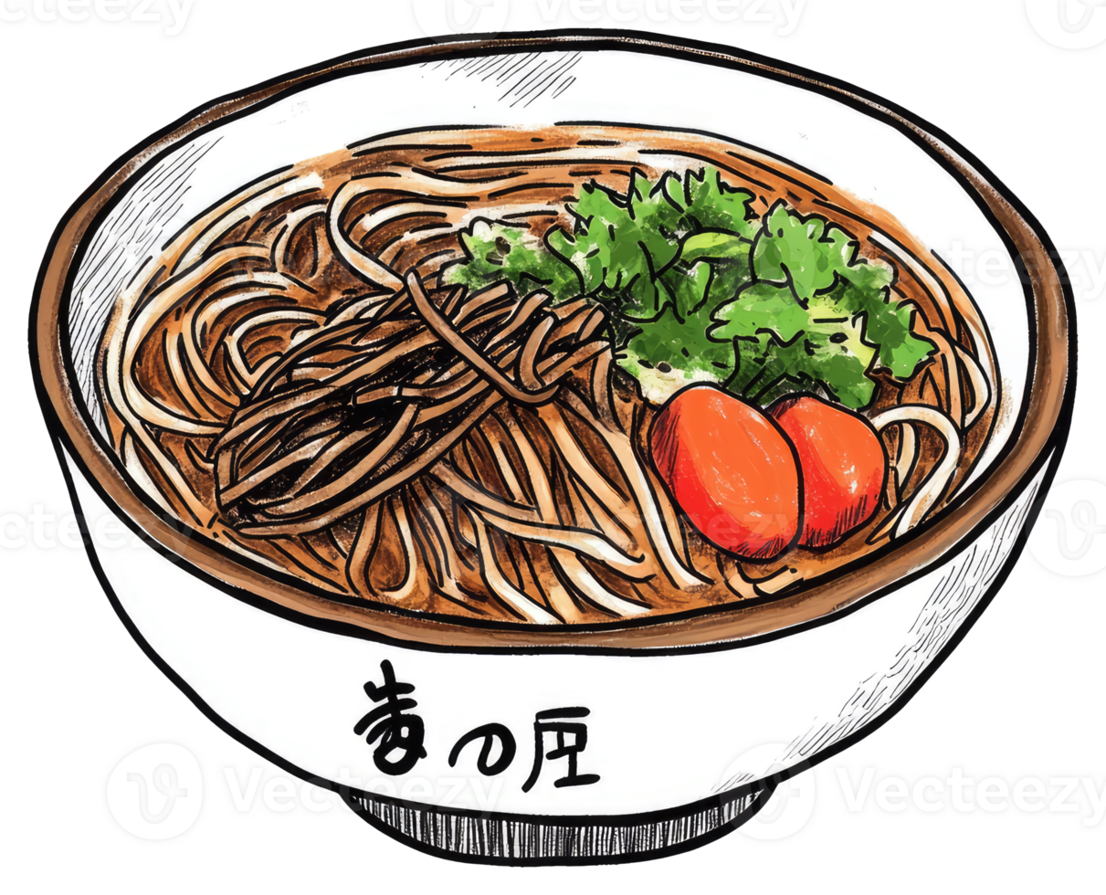 A detailed hand drawn illustration of noodles with garnishes in a bowl png