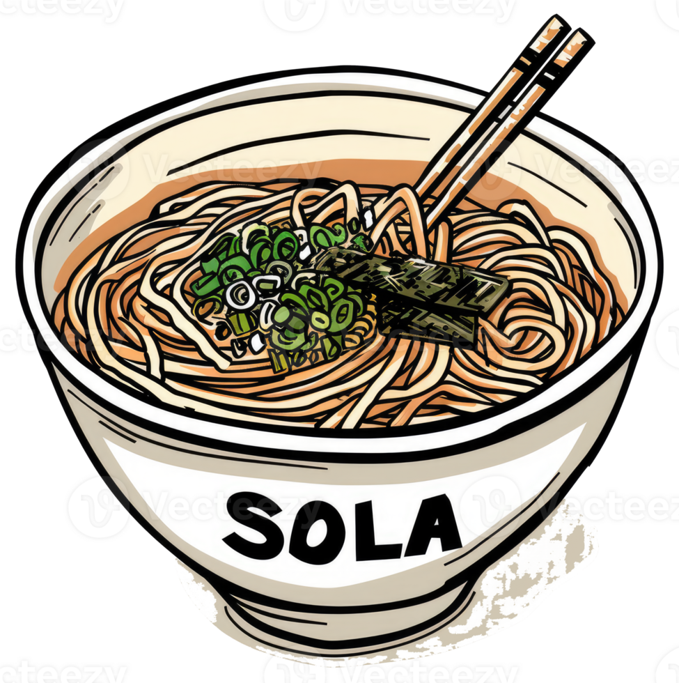 A colorful illustration of a bowl of Japanese noodle soup png