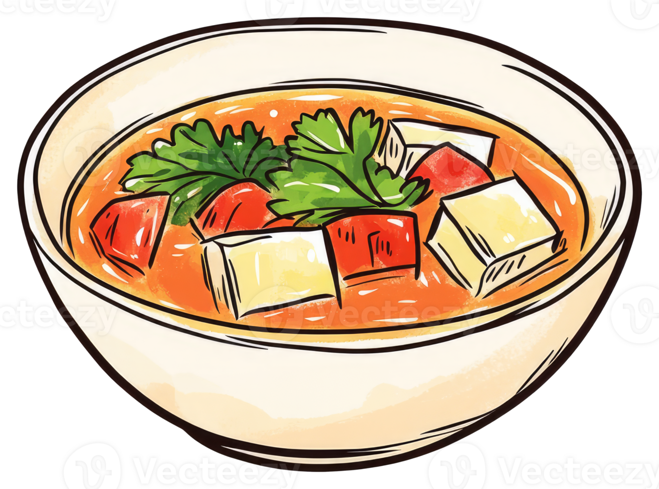 A bowl of warm soup with vegetables and tofu inside png
