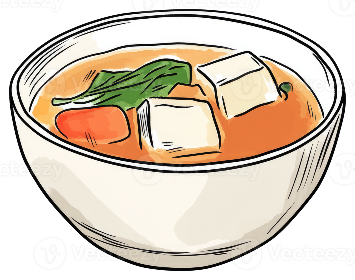 A delicious bowl of savory broth with various ingredients inside png