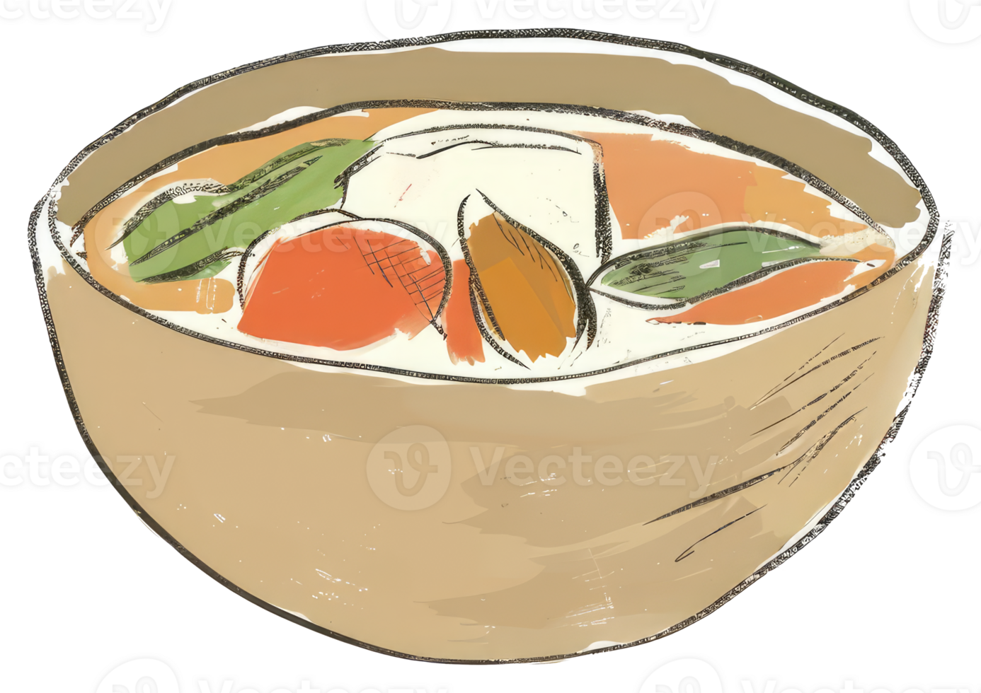 A bowl of soup contains various colorful fresh ingredients png