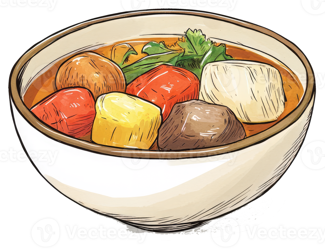 A bowl of colorful food filled with various vegetables and broth png