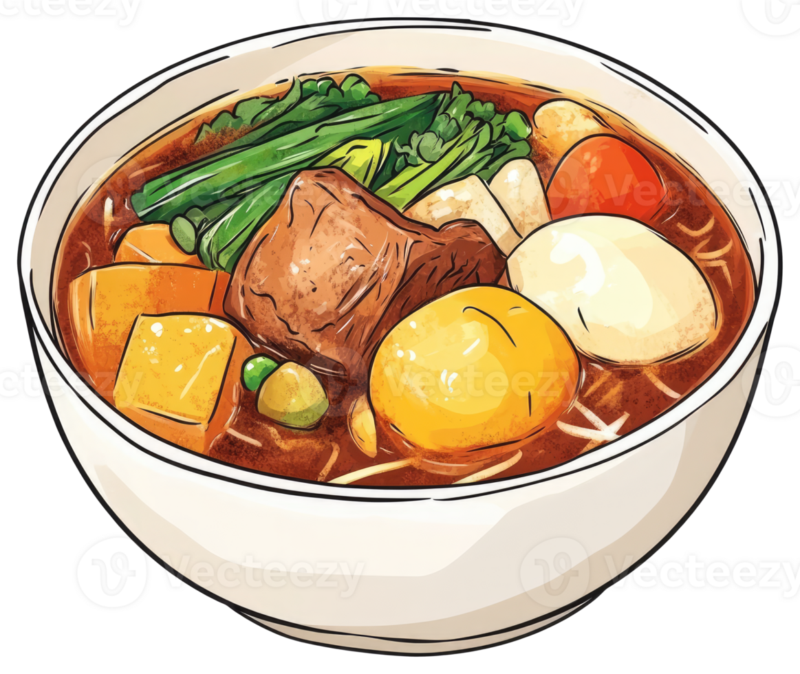 A colorful illustration of a bowl of savory noodle soup png