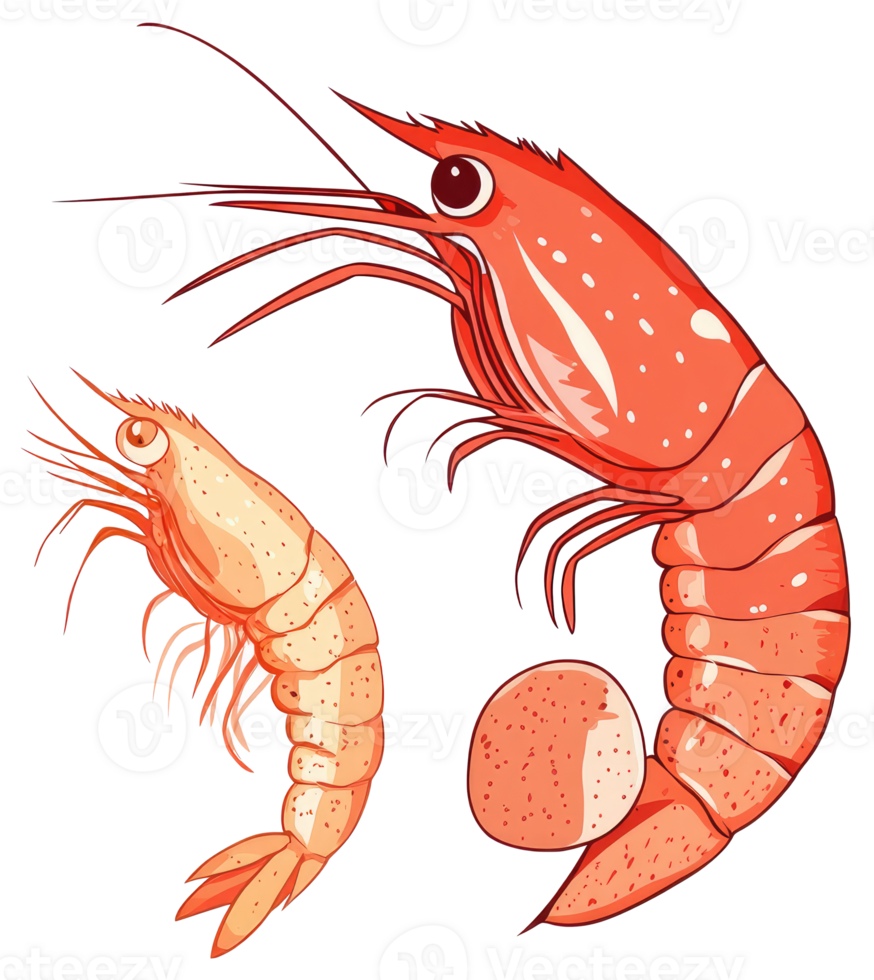 Two cartoon shrimps are shown in orange and yellow colors png