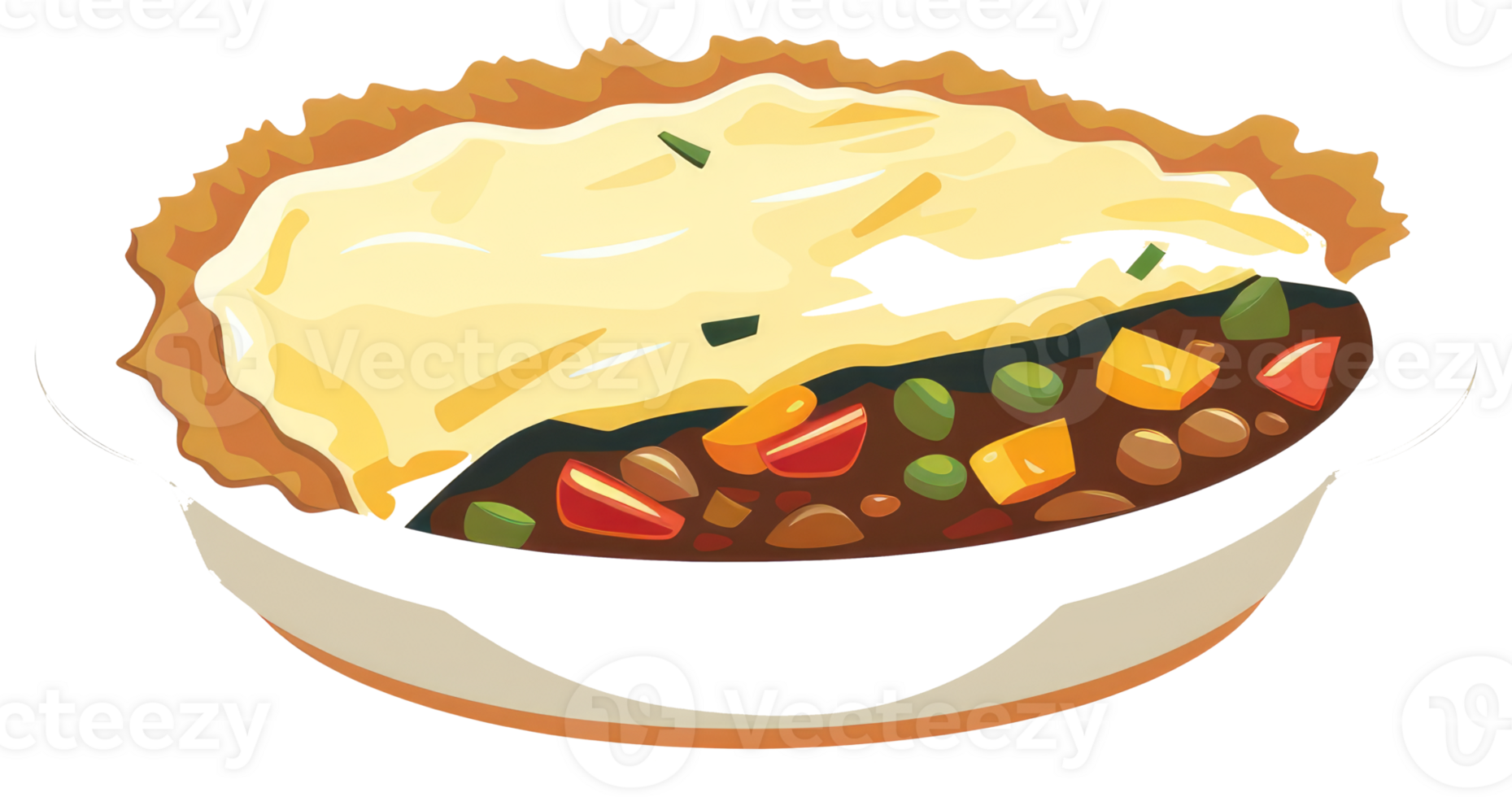 A cooked casserole filled with vegetables and topped with crust png