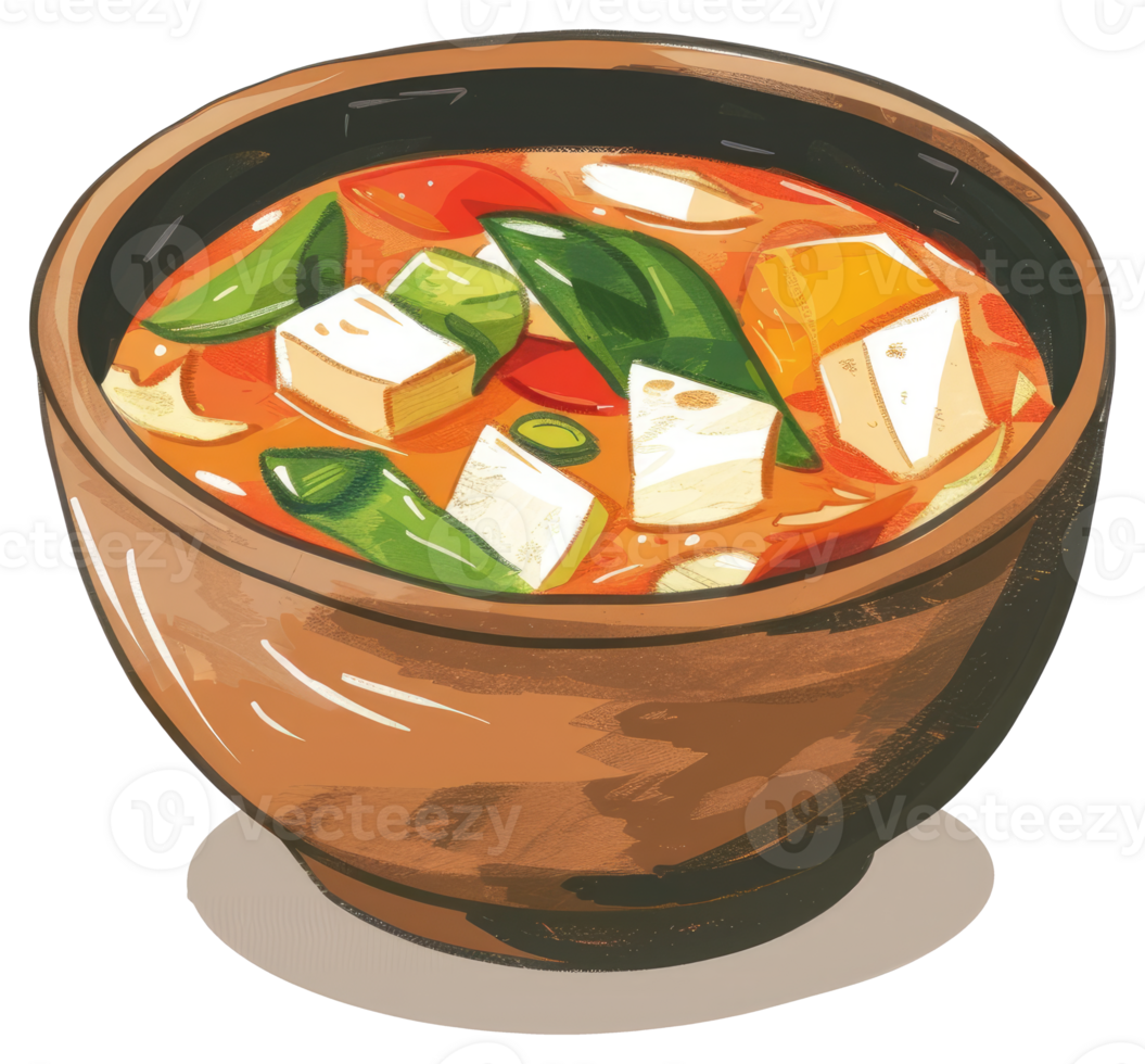 A brown bowl contains a vibrant soup with tofu and vegetables png