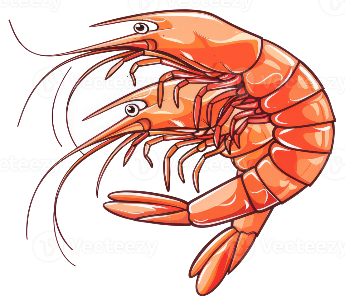 Two cooked shrimps are shown as a cartoon illustration with detail png
