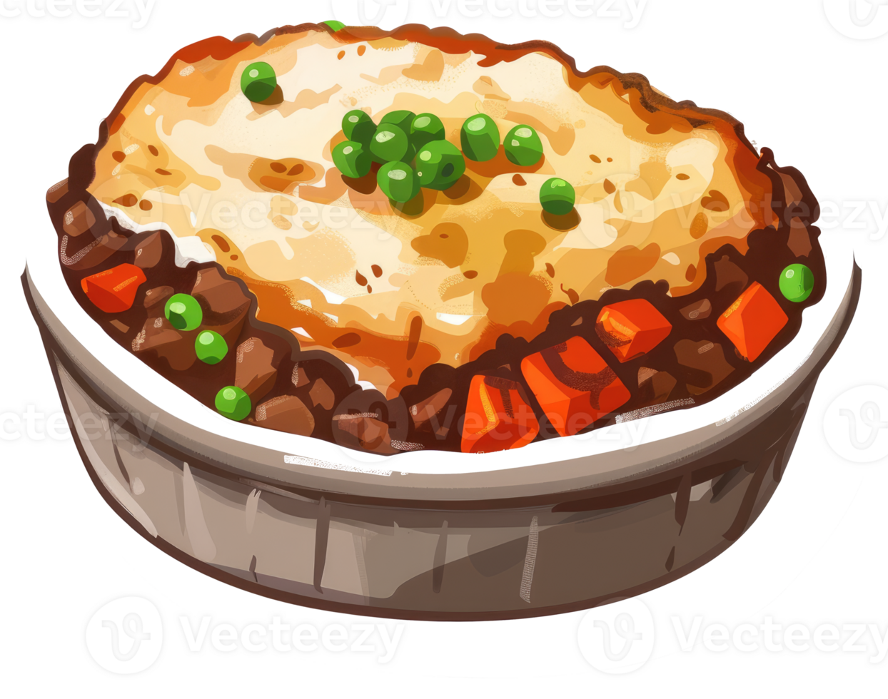 Delicious shepherd pie with vegetables in a white dish png