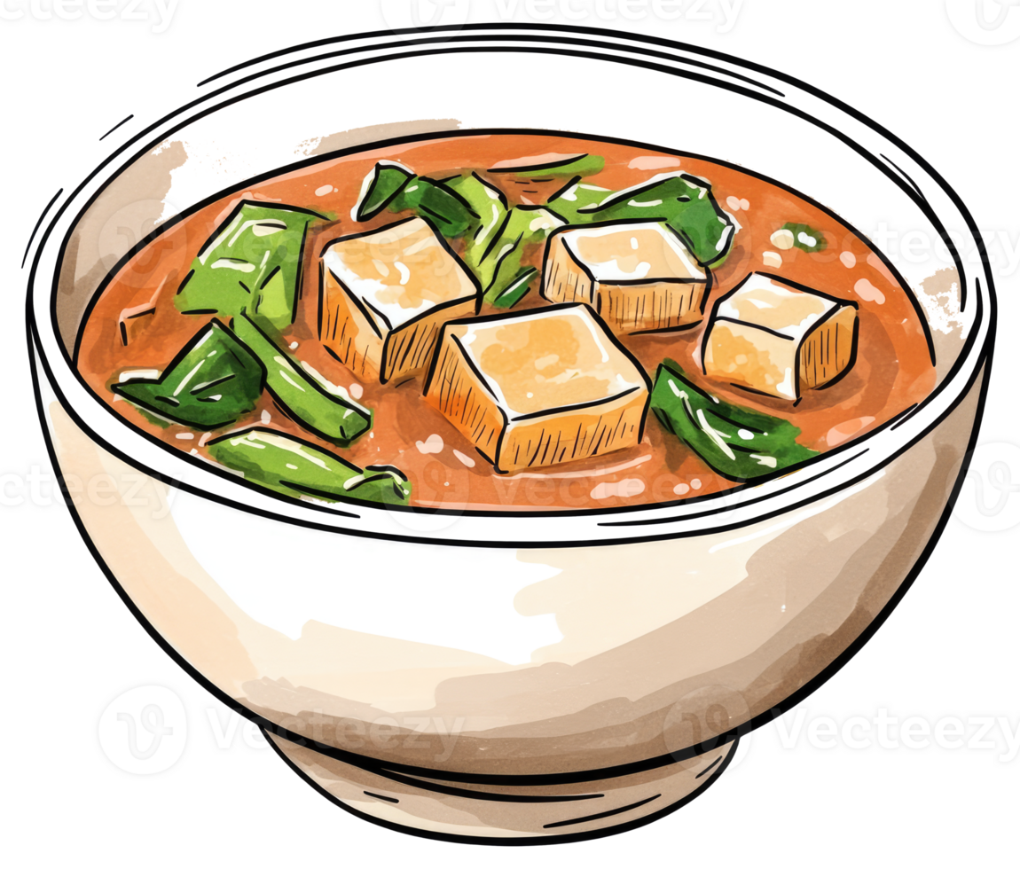 A Bowl of Soup With Tofu and Green Vegetables png