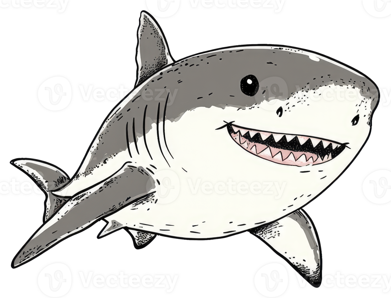 A cartoon illustration featuring a smiling gray and white shark png