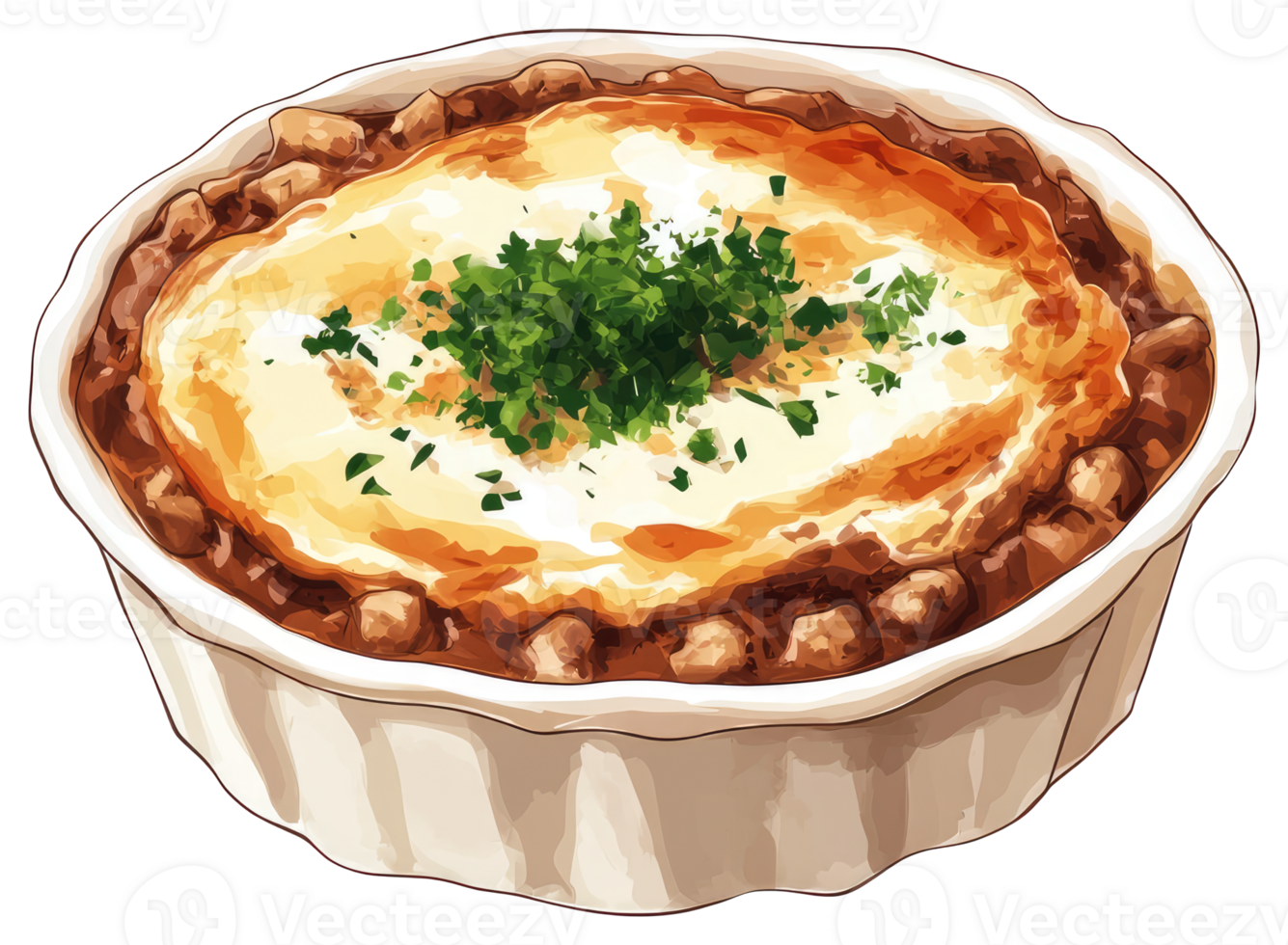 Delicious baked dish of mashed potatoes and savory meat png