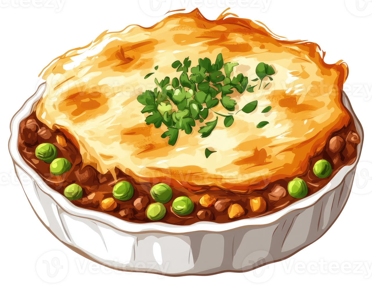 Appetizing and delicious casserole dish with vegetables and a crust png