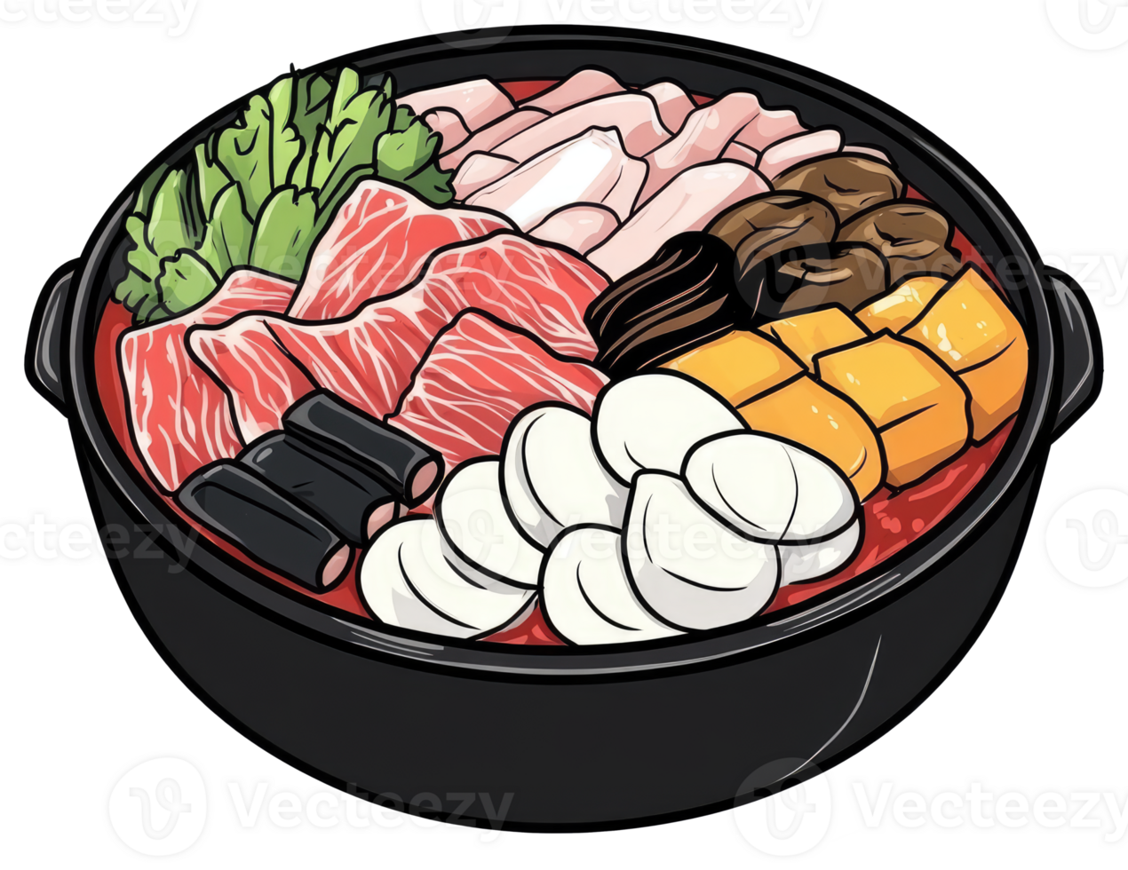 A detailed illustration of a delicious and colorful hot pot meal png