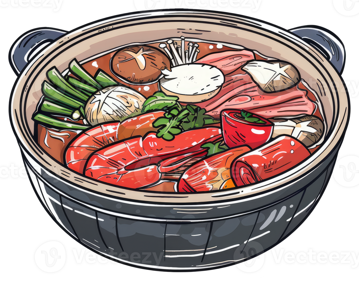 A steaming pot of delicious seafood and vegetable stew is shown png