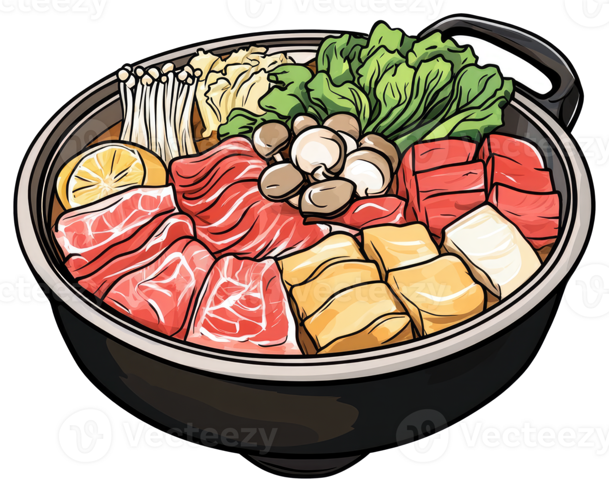 A colorful illustration of a hot pot meal with several ingredients png