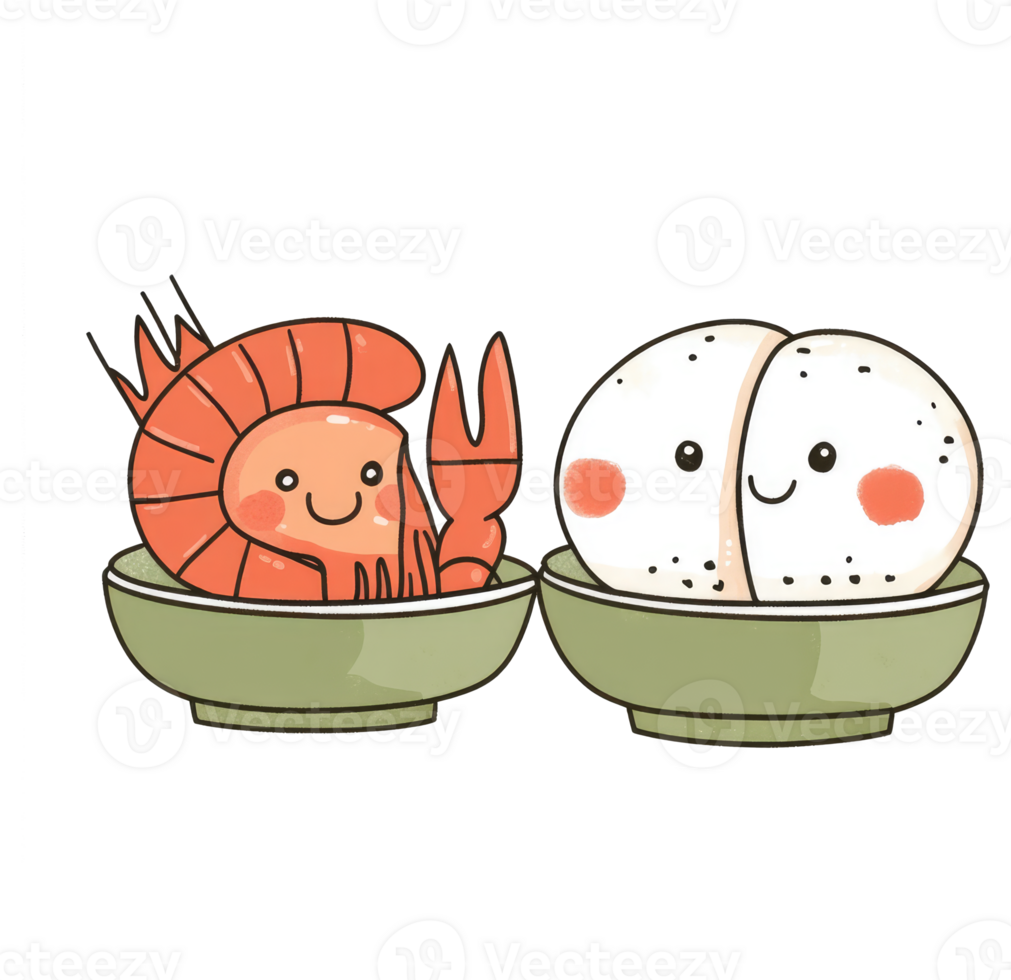 Two cartoon dishes depict smiling shrimp and rice portions in bowls png