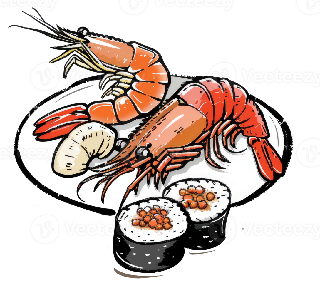 Artistic depiction of seafood and sushi presented on a plate png