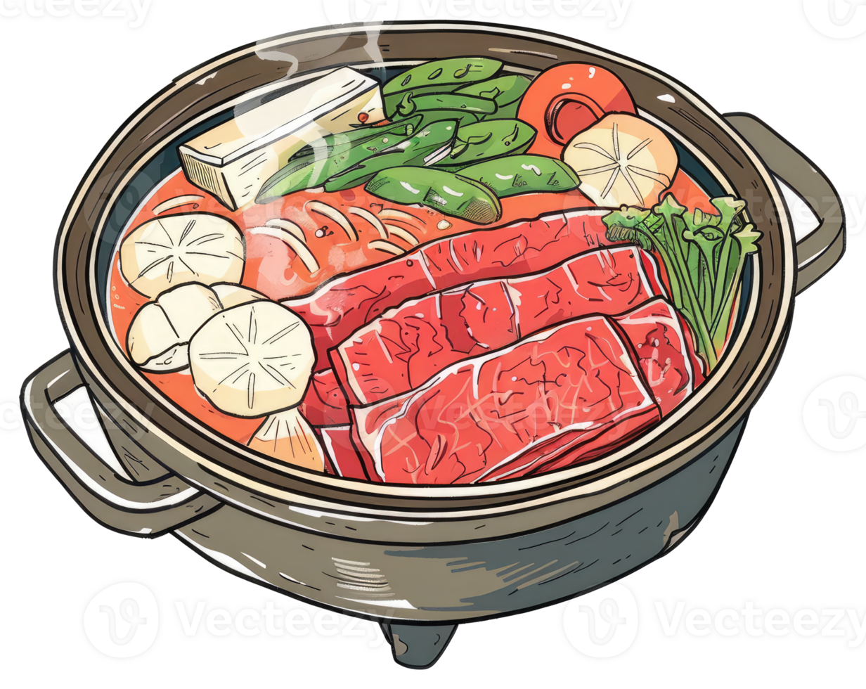 Delicious steaming pot of food featuring meats and vegetables inside png