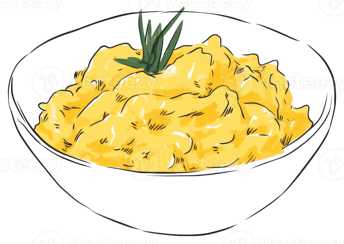 A bowl of yellow scrambled eggs with green herb garnish png