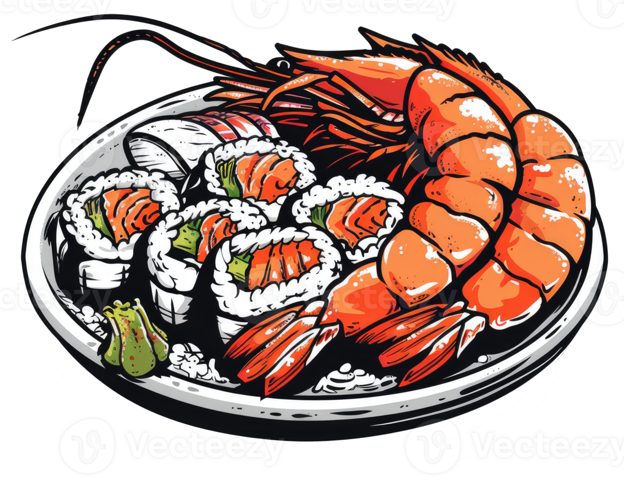 A plate of sushi and shrimp artistically illustrated and served png