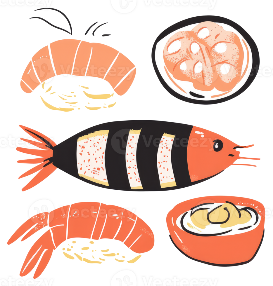 Colorful illustrations featuring various types of seafood and sushi png