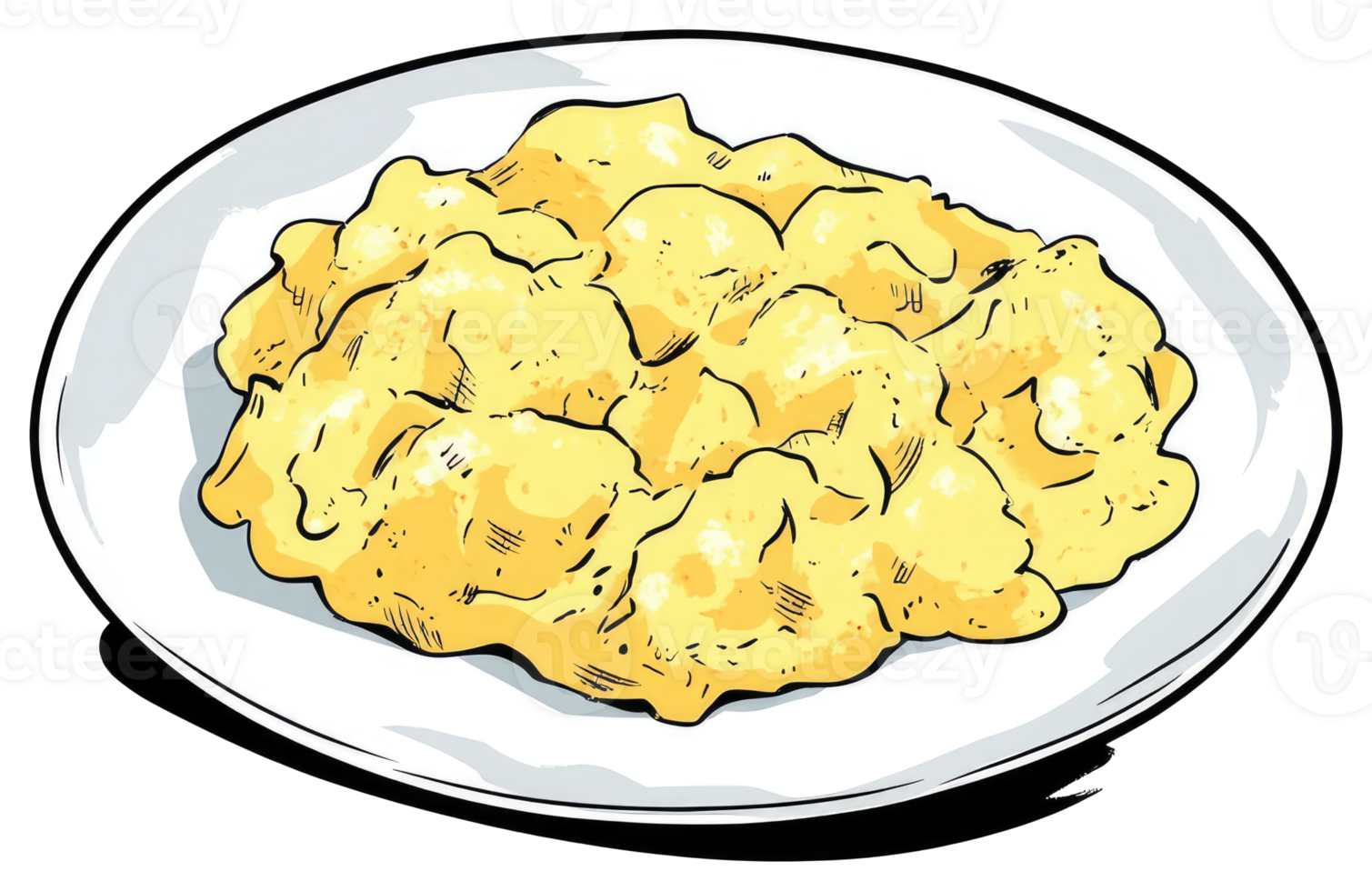 Scrambled eggs artfully arranged on a circular white plate png