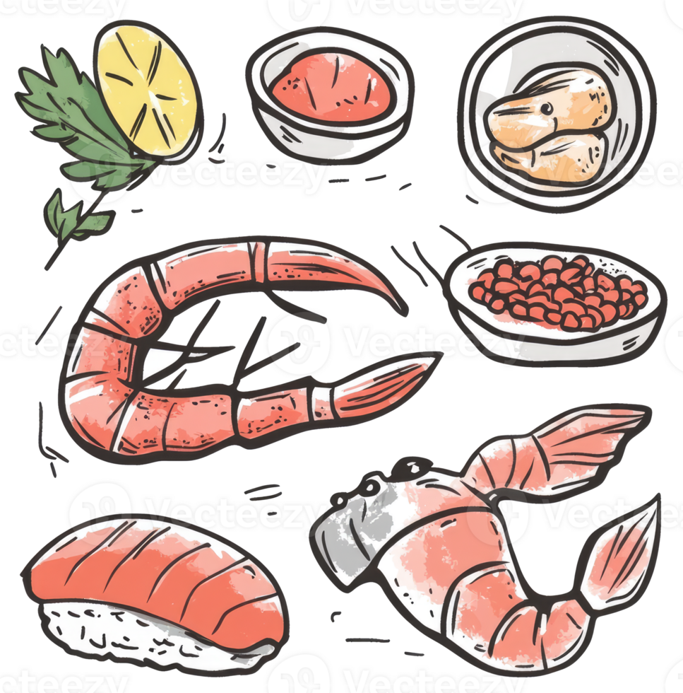Delicious artistic illustration of various seafood ingredients and preparations png