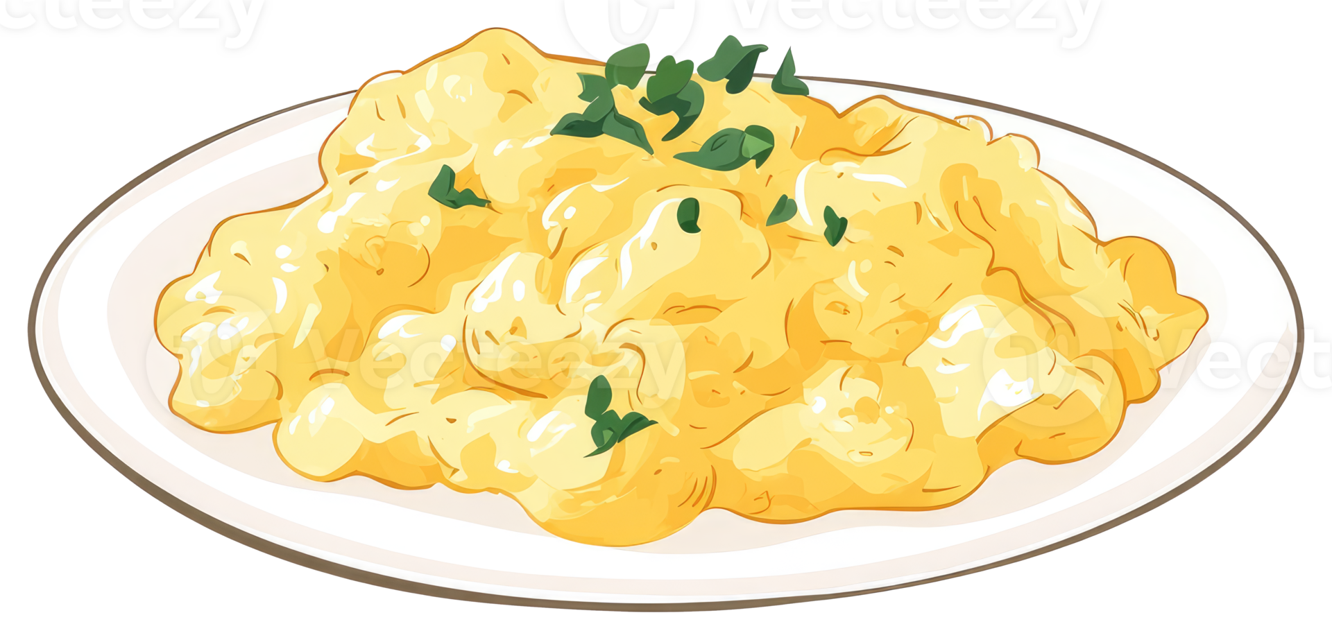 Scrambled eggs topped with chives arranged on a white plate png