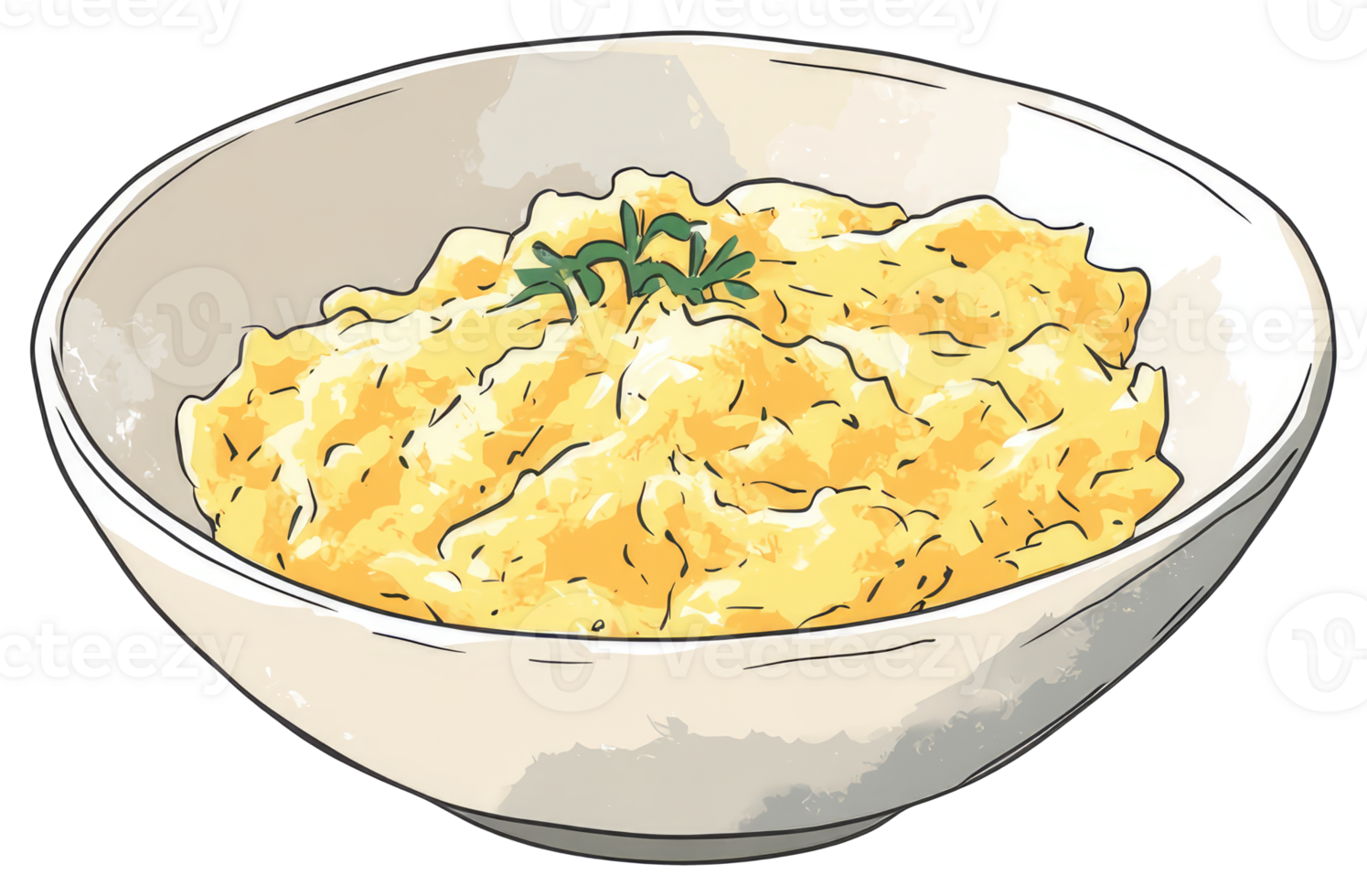 Illustration of scrambled food served in a ceramic bowl png